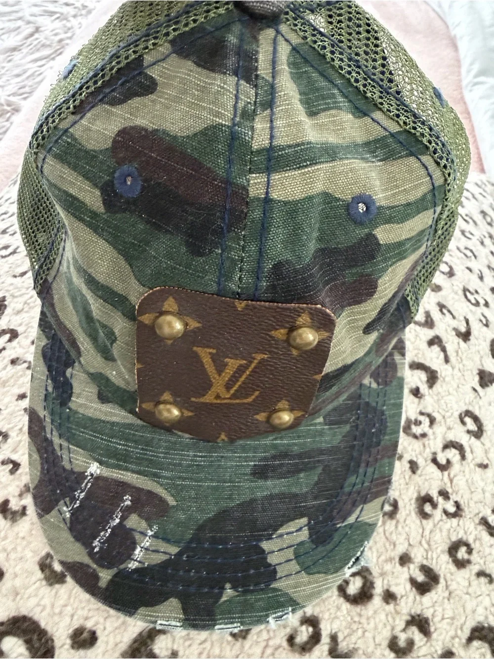 Distressed Camo Baseball Cap with Authentic LV Logo Patch